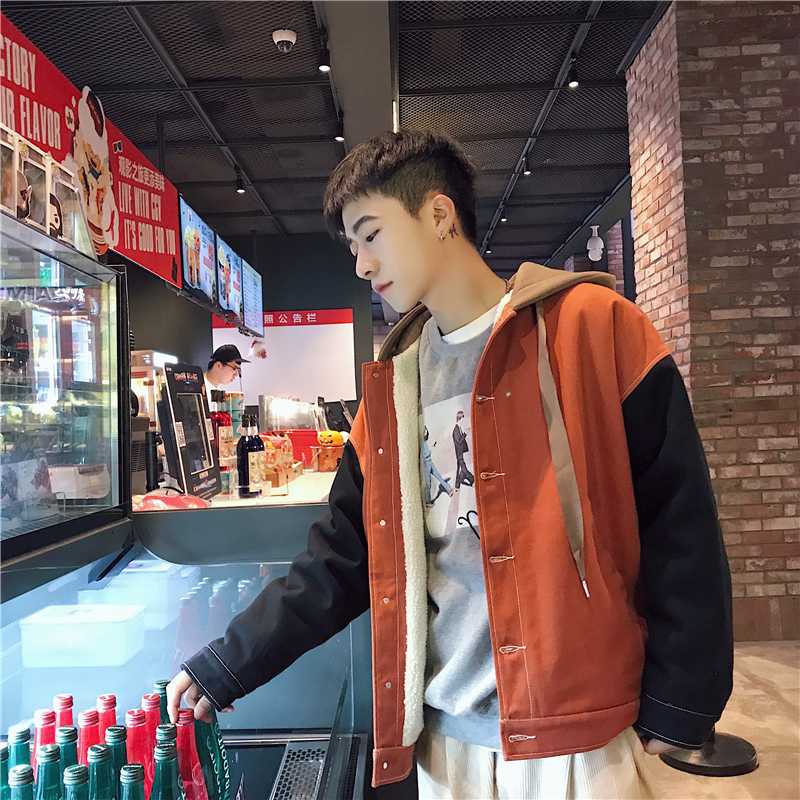 

Winter New Jacket Men Warm Fashion Parka Contrast Color Casual Sheep Cake Velvet Coat Man Streetwear Loose Cotton Male Clothes, Black