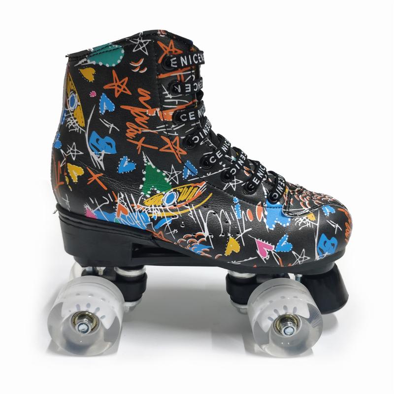 

Print White Black Microfiber Roller Skates Double Row 4 Wheels PU Skating Shoes Skates Kids Gifts Roller Sneakers Training