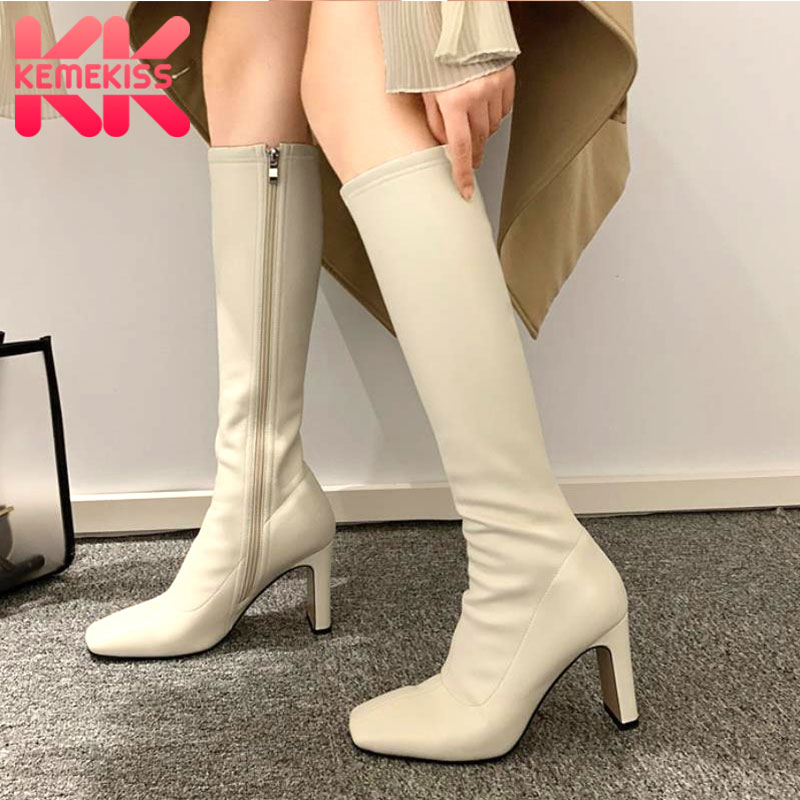 

KemeKiss Women High Heel Boots Women Knee Boots Warm Winter Zipper Shoes Woman Sexy Square Toe Casual Footwear Size 34-39, Black
