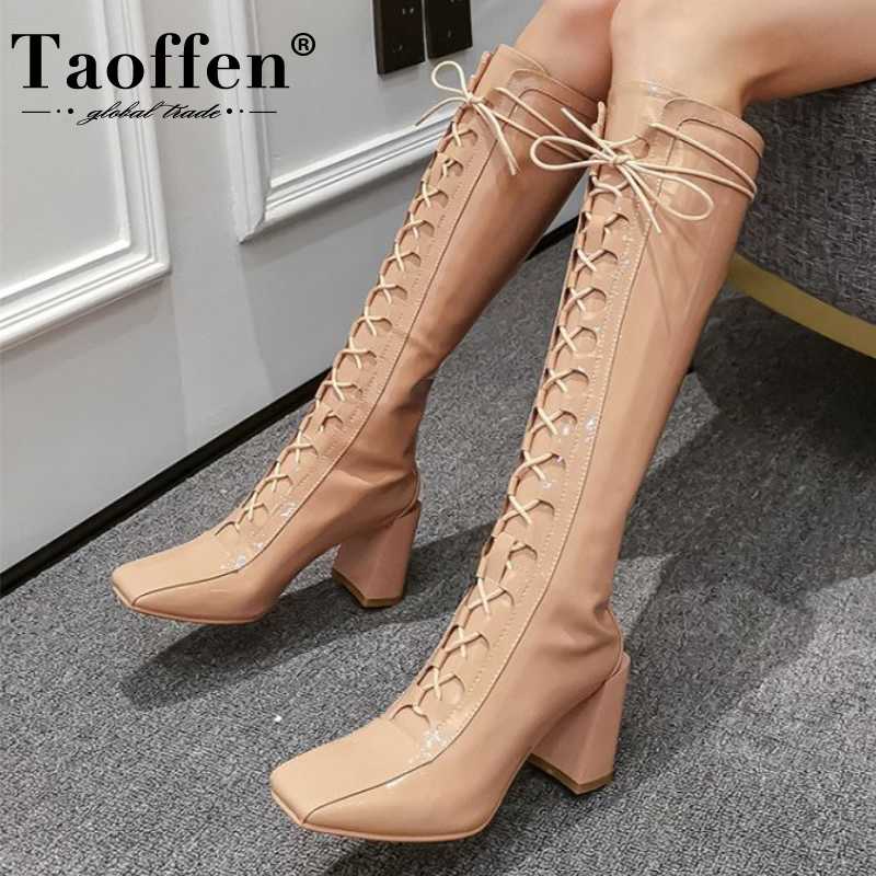 

TAOFFEN Women Knee Boots Thick Heel Square Toe Cross Strap Zipper Shoes Warm Boots Fashion Party Footwear Size 34-39, Black