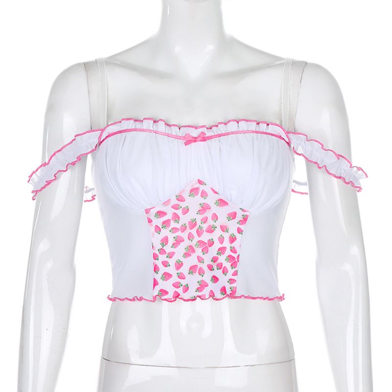 

Women Spaghetti Strap Ruffles Crop Top Strawberry Mesh Patchwork Slim Camis Vest D08E, As pic