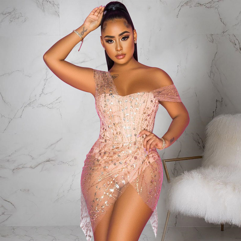 

Free Shipping 2020 Sexy fashion sequin embellished Party Disco Formal Mini short Dress Party Disco Dress, Champagne