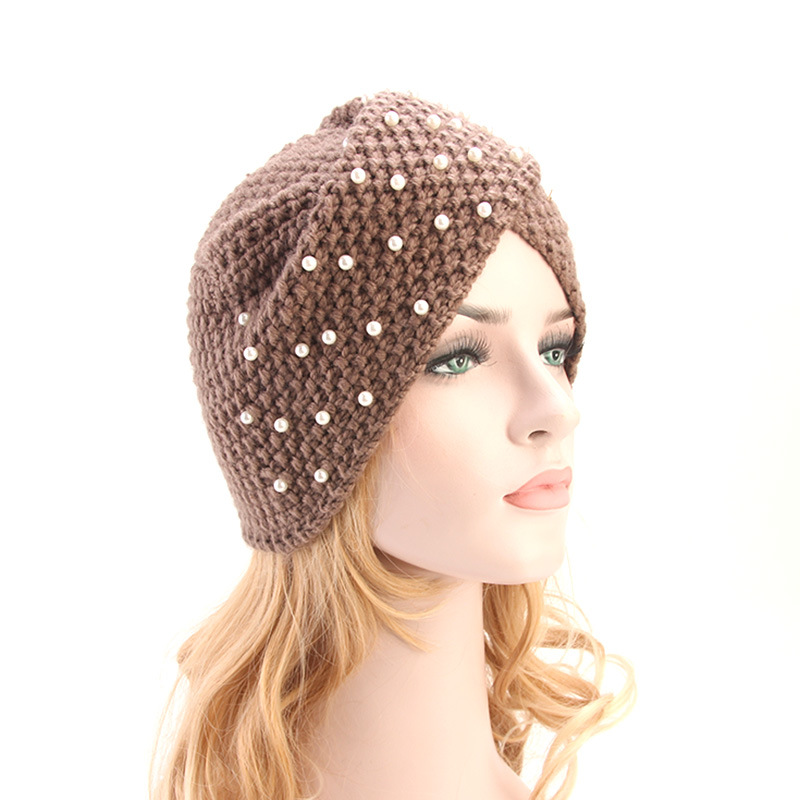 

2020 New Knit Turban Cross Women Hat Winter Warm Knit Twist Hair Wrap Solid Casual Skullies Beanies Hat Pearls Beads Headwear, Black