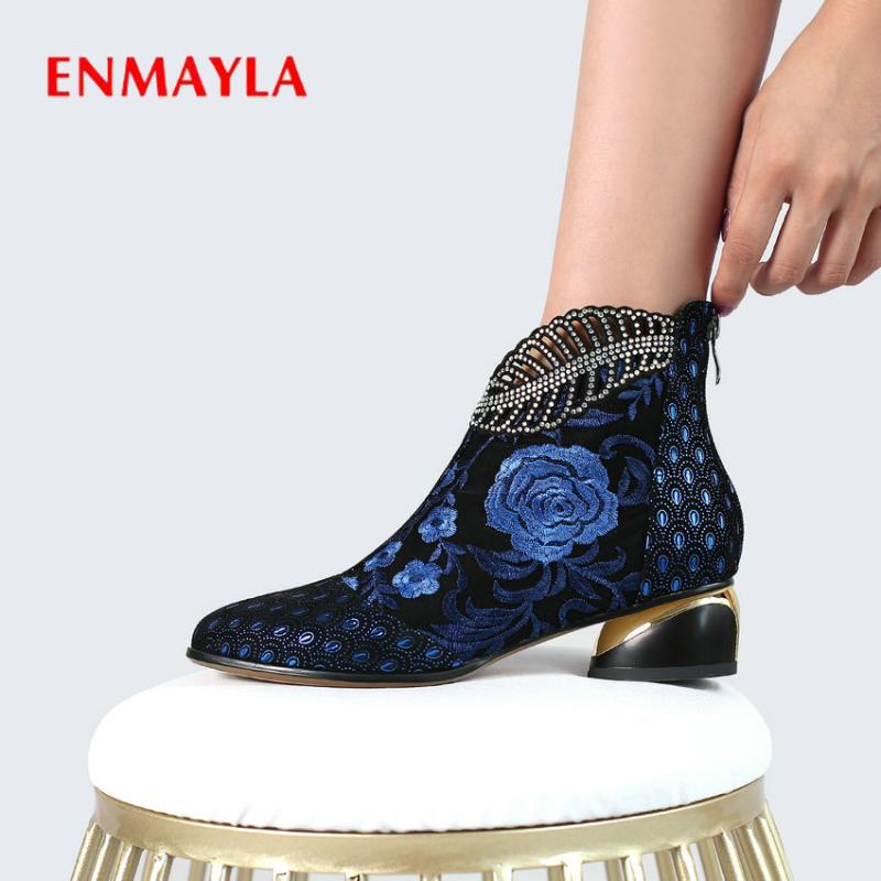 

ENMAYLA 2020 Fashion Ankle Boots for Women Winter Shoes Women Genuine Leather Basic Zip Round Toe Square Heel Flock Size 34-43, Blue