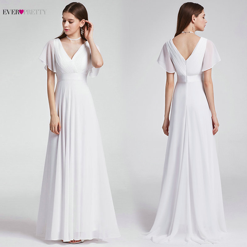 

Ever Pretty Cheap Chiffon Wedding Dress Elegant A Line V Neck Flare Sleeve Long Beach Bridal Gown 2020 Robe De Mariee EP09890WH, White