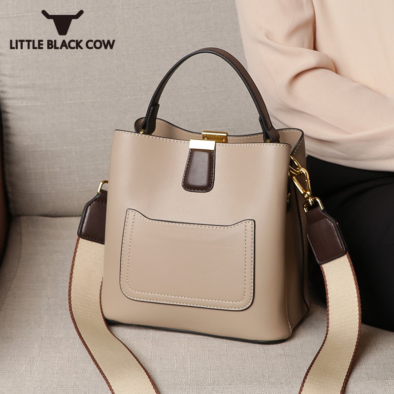 

Women Soft Cowhide Genuine Leather Bucket Bag Office Ladies Sling Shoulder Bags High Quality Packing Handbag Totes Crossbody Bag, Khaki