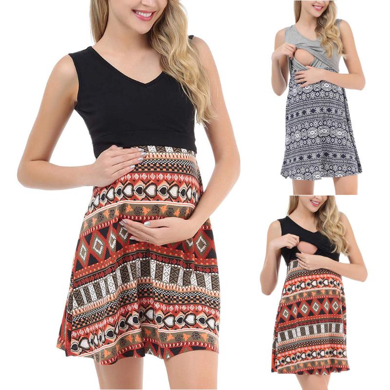 

Dresses Women's Maternity Nursing Pregnanty V-Neck Sleeveless Splicing Print Dress For Nursing Mothers Sundress Breastfeeding, Black