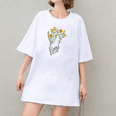 

Summer DIY T-Shirts Girls Fashion Flowers Print T-Shirts Womens Breathable Hand Pattern Print Lady Tees Casual Tops Simple Styles, White