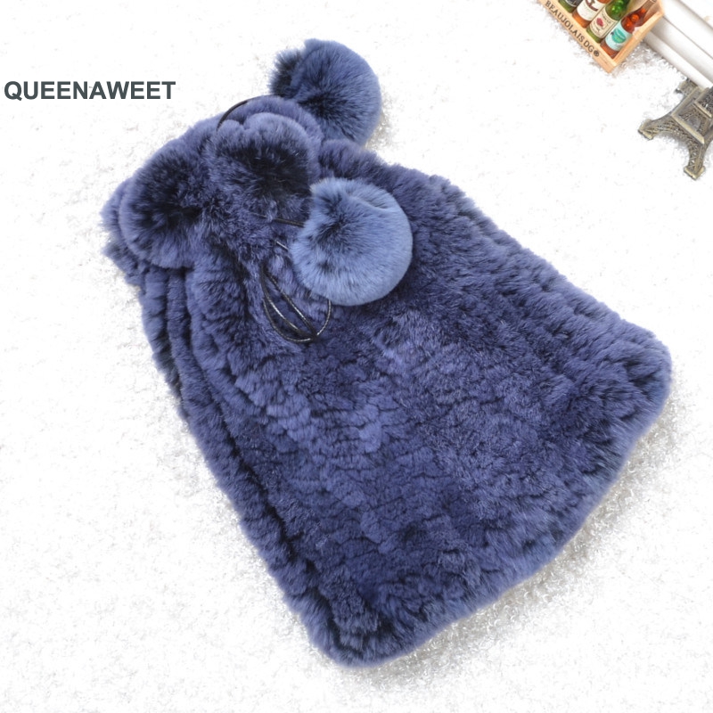 

004 2020 New Women's Genuine Natural Rex Fur Hats Winter Rex Fur Beanies Striped Head Top Flower, Black