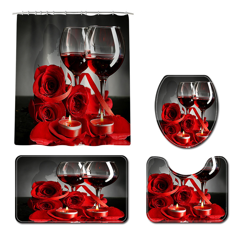 

New Rose Red Wine Shower curtain And Bath Mats Set Bathroom Set Rug Anti Slip Carpet for Home Decor Toilet Mat Bathroom Rug
