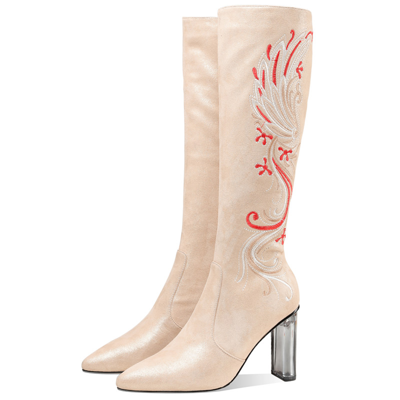 

New Sheepskin Thick Heel High Heels Knee Boots Women Fashion Hand Embroidery High Boots Pointed Toe Retro Spring Autumn Winter, Apricot