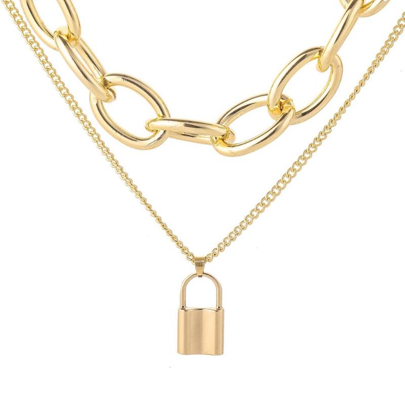 

2020 Design Fashion Double Layer Lock Pendant Alloy Chain Multilayer Women Choker Necklace Party Jewelry Gift