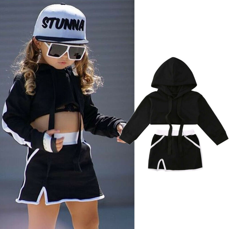 

Kids Toddler Girls Clothes Sets Long Sleeve Pullover Hooded Crop Tops Mini Skirt Casual Clothes Outfits 1-6Y, Blue