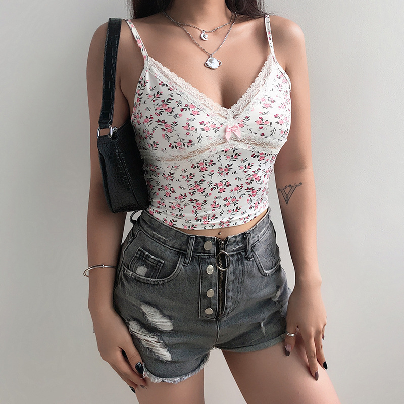 

2020 summer new slim slim sexy inner wear short sleeveless halter top female floral small sling, Blue