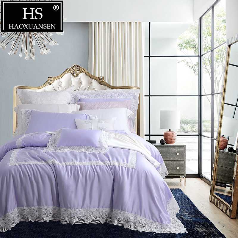 

Super Luxury Purple Lace Princess Wedding 4 Piece Bedding Sets 100% Tencel Lyocell Double Duvet Cover Sheet Set  King Size
