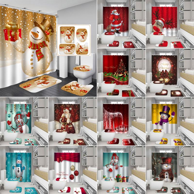 

Christmas Tree Snowman Fabric Shower Curtain 3d Santa Claus Elk Bell Bathroom Curtains Anti-skid Rugs Toilet Lid Cover Bath Mat
