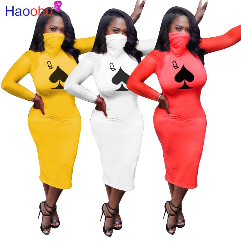 

HAOOHU Sexy Club Night Party Women Spade Q Poker Card Print Long Sleeve Turtleneck Bodycon Midi Dress Vestidos, Red