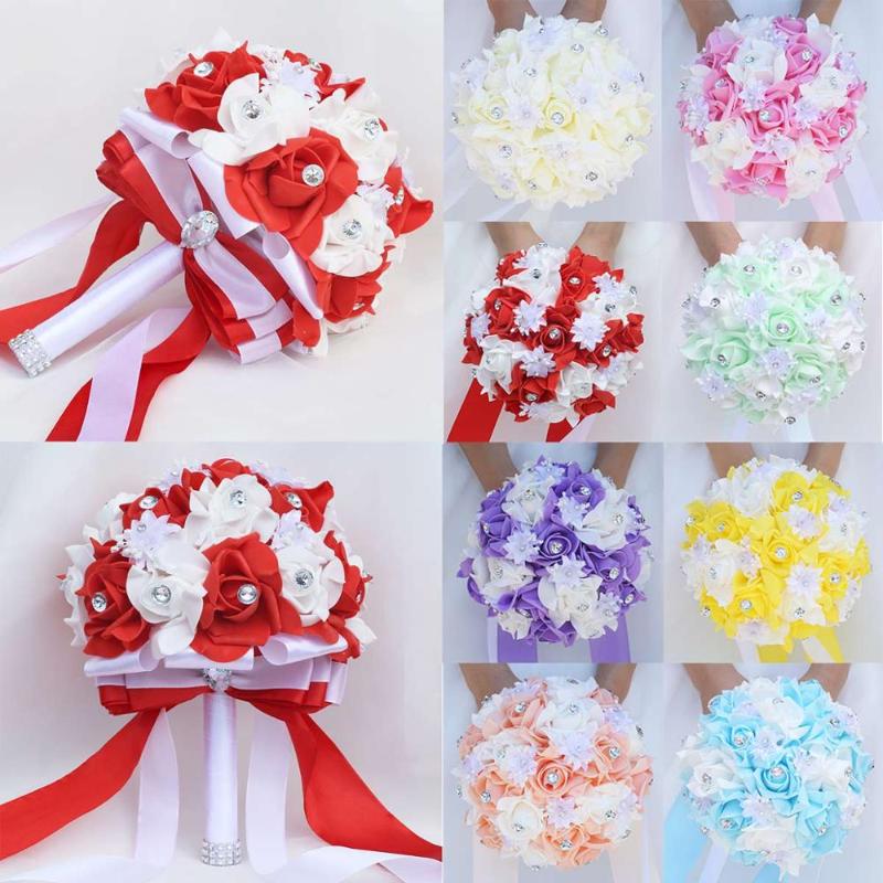 

8Colors Factory Cheap PE Rose Flower With Diamonds Bouquets For Wedding Flower Silk Ribbon Bride Bouquet Hand Hold Flowers FW008, Red