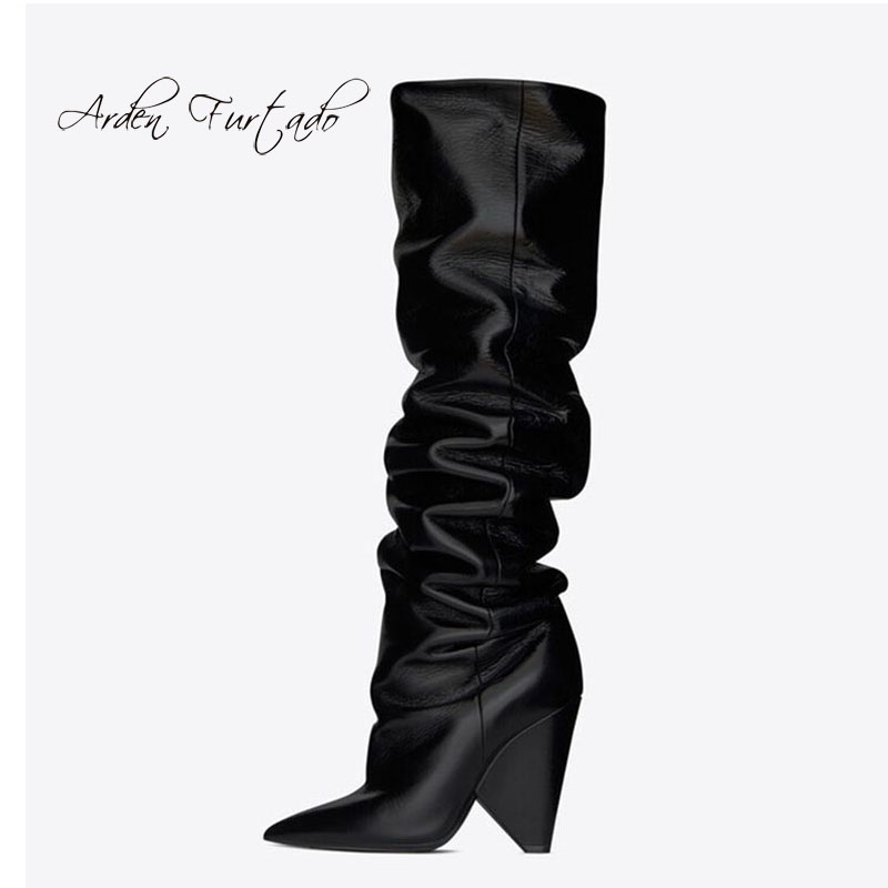 

Arden Furtado 2020 spring autumn winter Cone Heels green browm pleated fashion women's shoes knee high boots high heels ladies