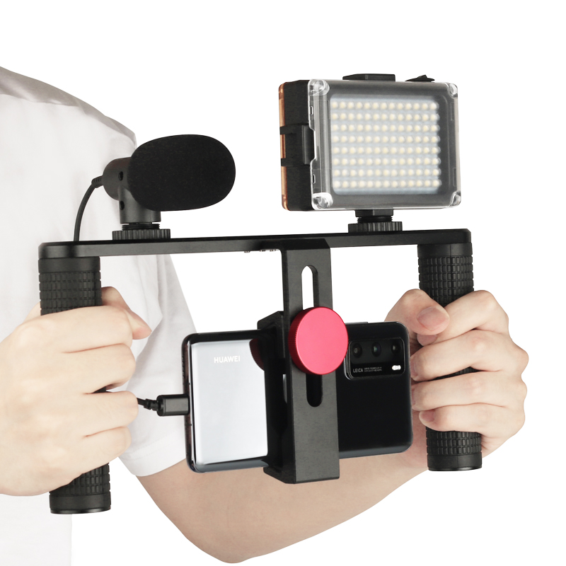 

Smartphone Video Rig Cage Mount Holder Stabilizer Handle Grip With Microphone Mic LED Light Kit for Mobile Phone Vlog Filmmaking