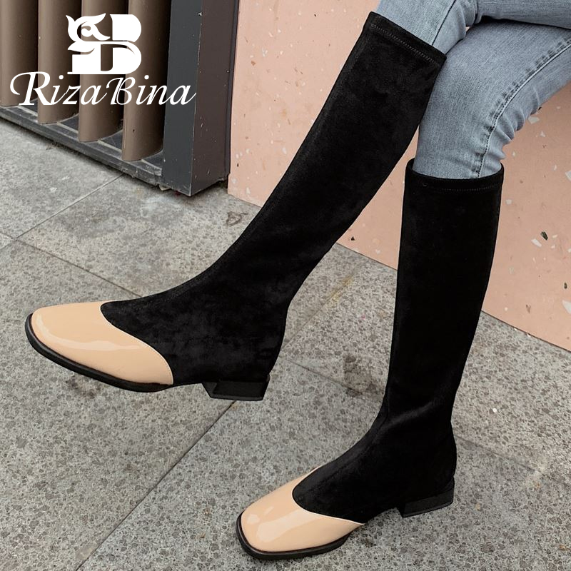 

RIZABINA Women Winter Knee High Boots Patchwork Square Toe Women Long Boots Fashion Cool Shoes Daily Footwear Size 34-43, Black