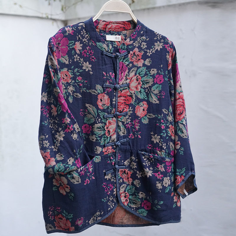 

Johnature Cotton Linen Fashion Retro Stand Plate Buckle Print Cardigan Shirt 2020 Spring Summer New 3 Color All-match Women Tops, Brown
