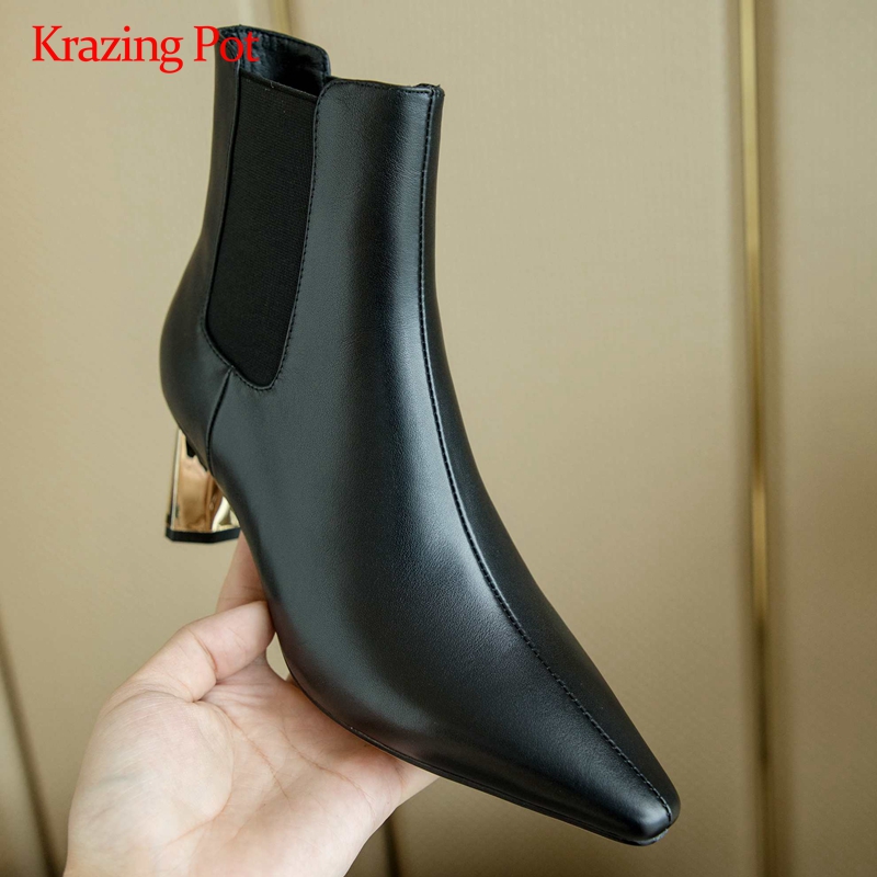 

Krazing pot new arrival stretch boots streetwear small square toe high strange heel slip on beauty lady fashion ankle boots L52, Black