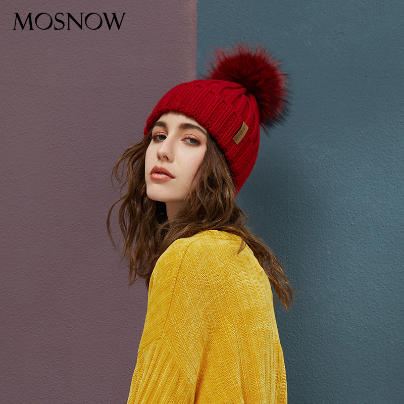 

Real Raccoon Fur Pom Poms Beanies Winter Hat Female For Women Knitted Cotton Thick Cap 2020 New Fashion Warm Beanie Hot Selling, White
