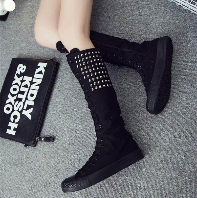 

Boots Women Breathable Punk Rivet Shoes Fashion Wild High Top Long-tube Boots 2020 Autumn Side Zipper Front Lace-up Dance Shoes, Heel2cmblack