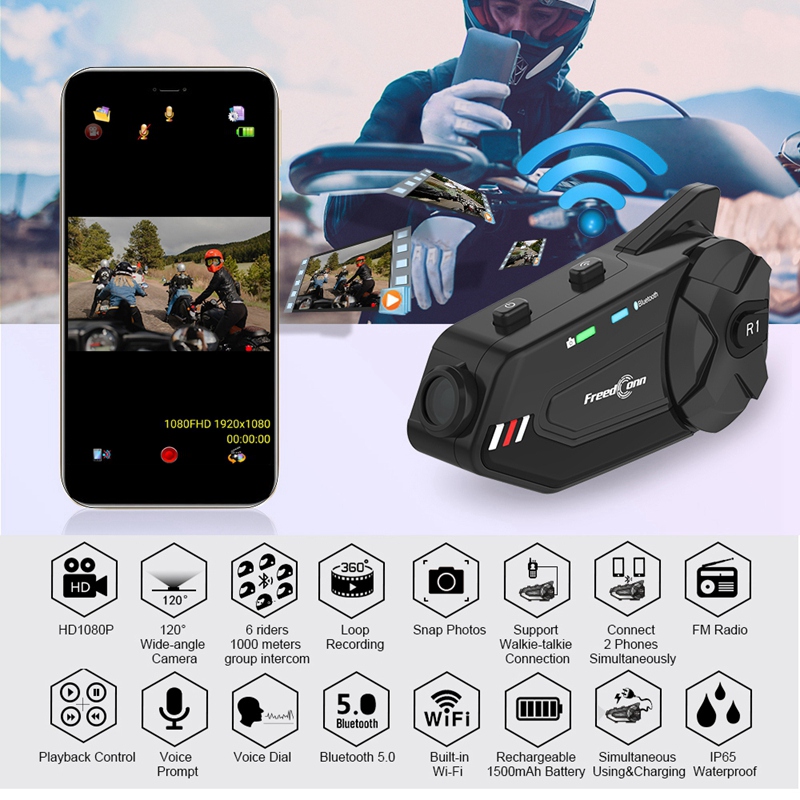 

Freedconn Motorcycle Helmet Interphone Headset 1080P Bluetooth 5.0 Wifi Recorder 6 Riders Connect Video Camera