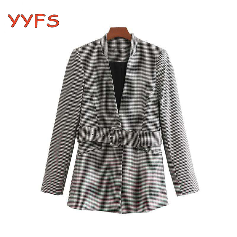 

2020 Vintage tweed blazer women With Belt plaid blazer coats korean style blazers and jackets office long coat feminin