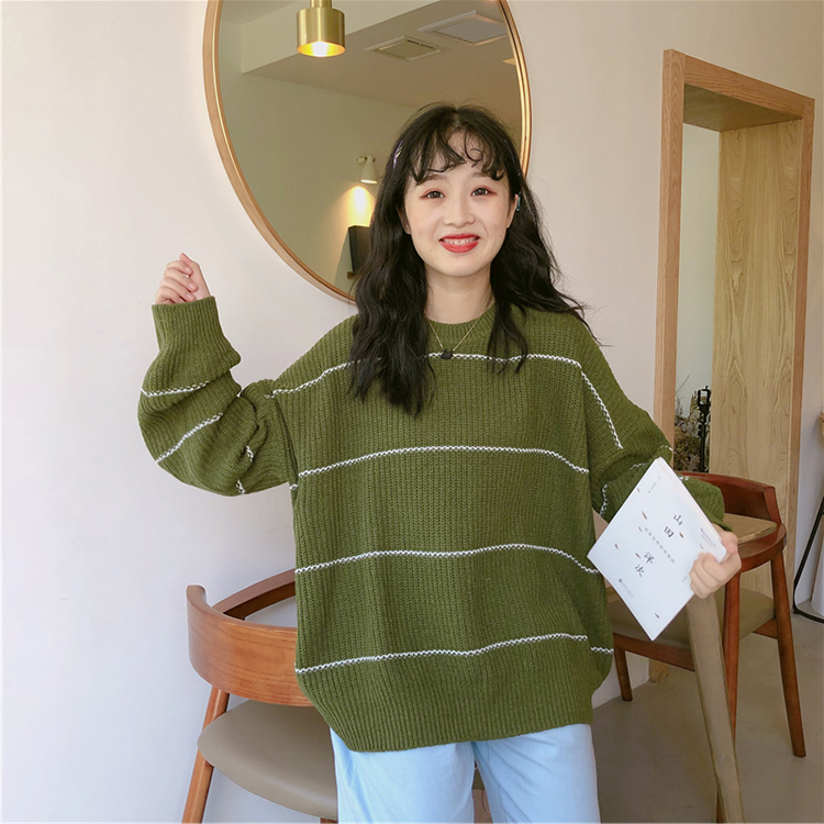 

Autumn and winter new Korean striped knitted loose o-neck long sleeve sweater women, Green
