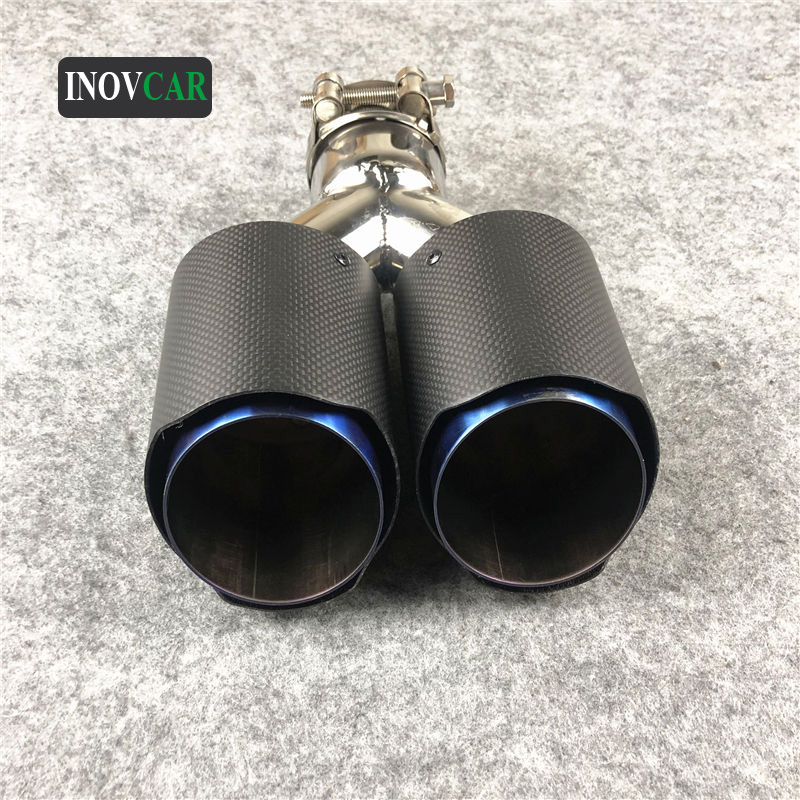 

1PCS Top Quality Matte Carbon Fiber Car Back Exhasut System Coated Blue Stainless Steel Double Exhaust Pipes For Universal