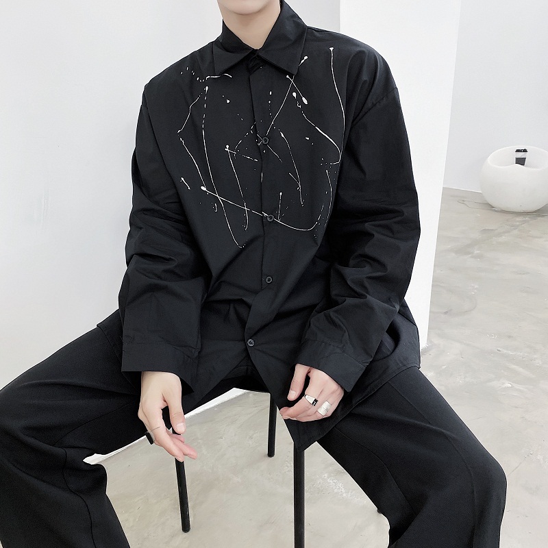 

Male Streetwear Hip Hop Fashion Loose Black Shirt Men Ink Print Long Sleeve Causal Shirt, 9949
