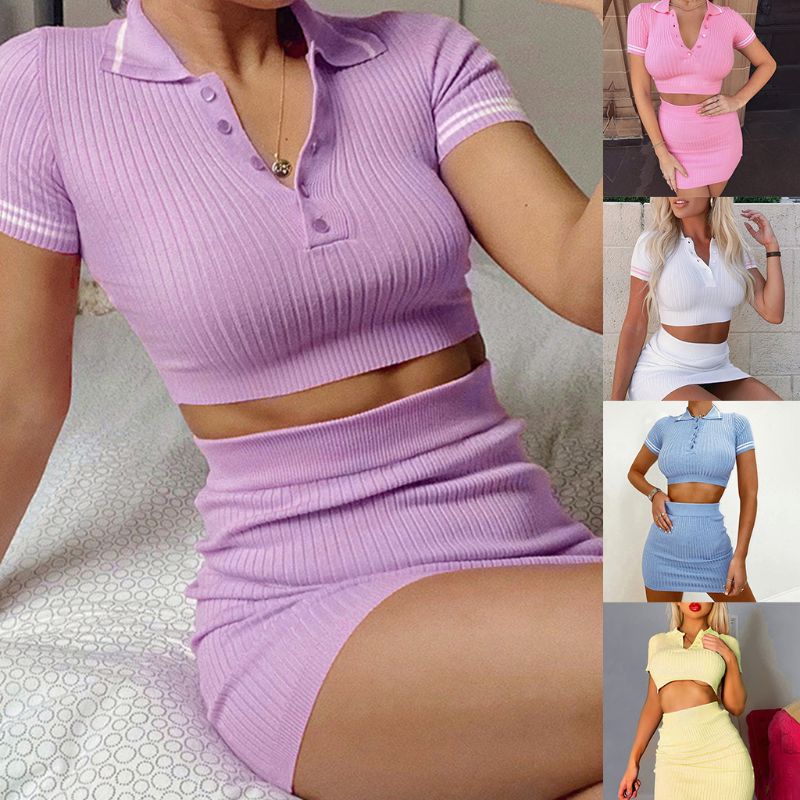 

Women Ribbed Knitted Sweater Outfit Short Sleeve Buttons Crop Top Bodycon Skirt X7YA, Pk-s