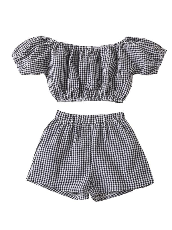 

Fashion Girls Clothing Summer Girl Set Plaid Girl Blouse + Shorts Sets for Kids, Black