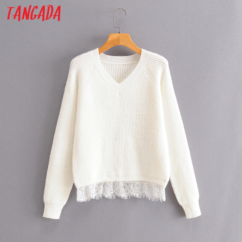 

Tangada fall 2020 women lace patchwork sweater cashmere knitted pullover sweater v neck high quality jumper SY245, White