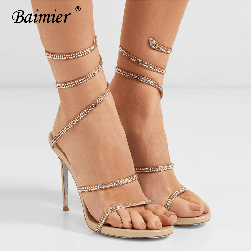 

Baimier Summer Luxury Crystal High Heel Women Sandals Snake Strap Gladiator Sandals For Women Open Toe Dress, Gold 10 cm sandals