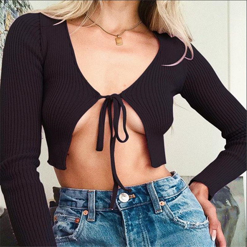 

TITAME Fashion Women Long Sleeve Crop Tops V-neck T-Shirt Knotted Tie Front Sexy Knit Solid T-Shirt Cardigan Soft Top T200813, Blue