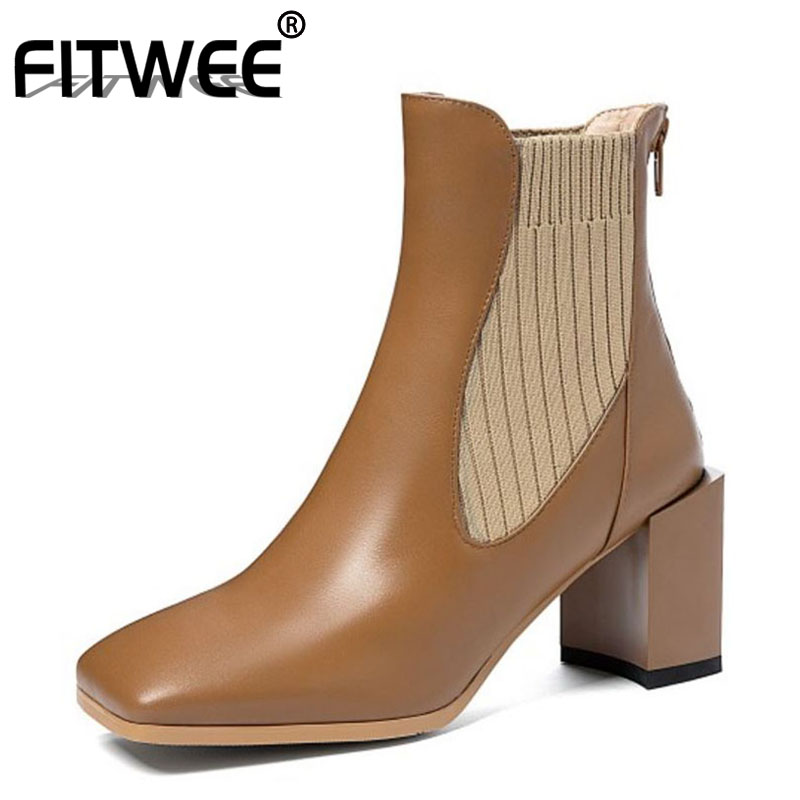 

FITWEE Women Ankle Boots Real Leather Elastic Zip High Heel Winter Shoes Woman Warm Short Boot Office Lady Footwear Size 33-40, Black