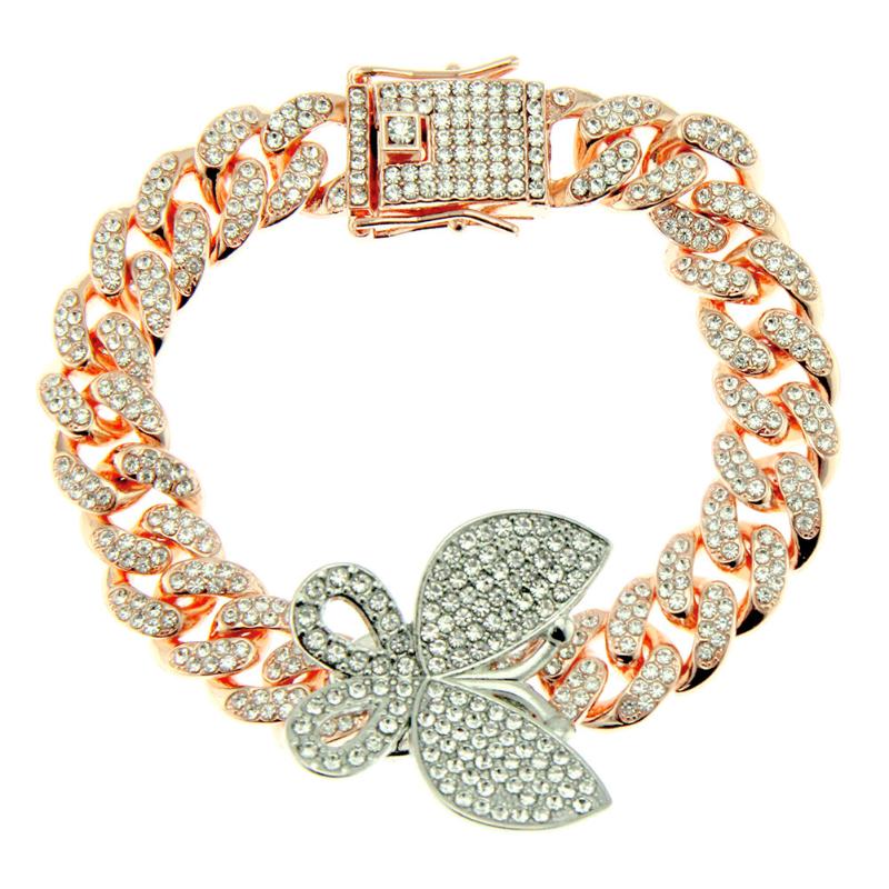

8/9" 10" Rose Gold Color Butterfly Charm Bracelet 5a Cubic Zirconia 12mm Cuban Chain Summer Jewelry Women Men