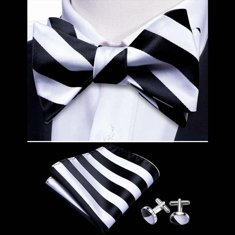 

White Butterfly Men Tie Self Bow Ties For Men Silk Black Stripe Hanky Cufflinks Suit Collar Removable Necktie Barry.WangLH-1020