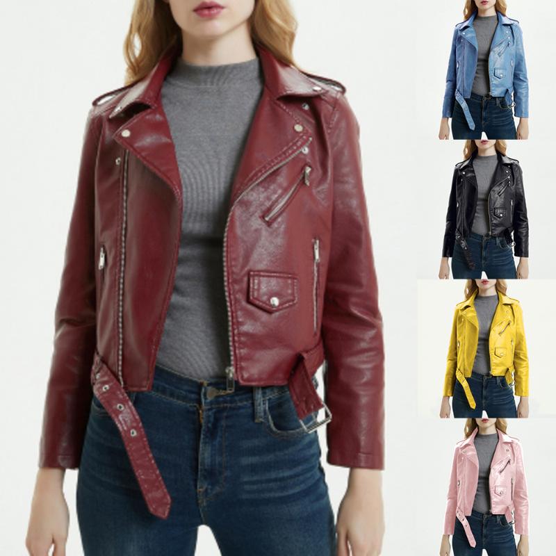 

Women Biker Jacket Vintage 2020 Fashion Black Blue Fake Faux Leather Lady PU Zipper Pocket Motorcycle Outerwear Female Coat Belt, Yellow