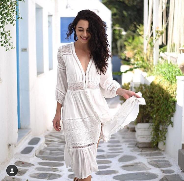 

Summer Long Maxi Dress Women Sexy V Neck Dresses Loose Casual Short Sleeve Lace Bohemian Vestidos Loose Robe, 11