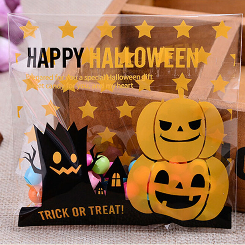 

100 Pcs Creative Happy Halloween Cookie Candy Bread Packaging Bags Self-Adhesive Plastic Bags For Biscuits Snack Baking Package