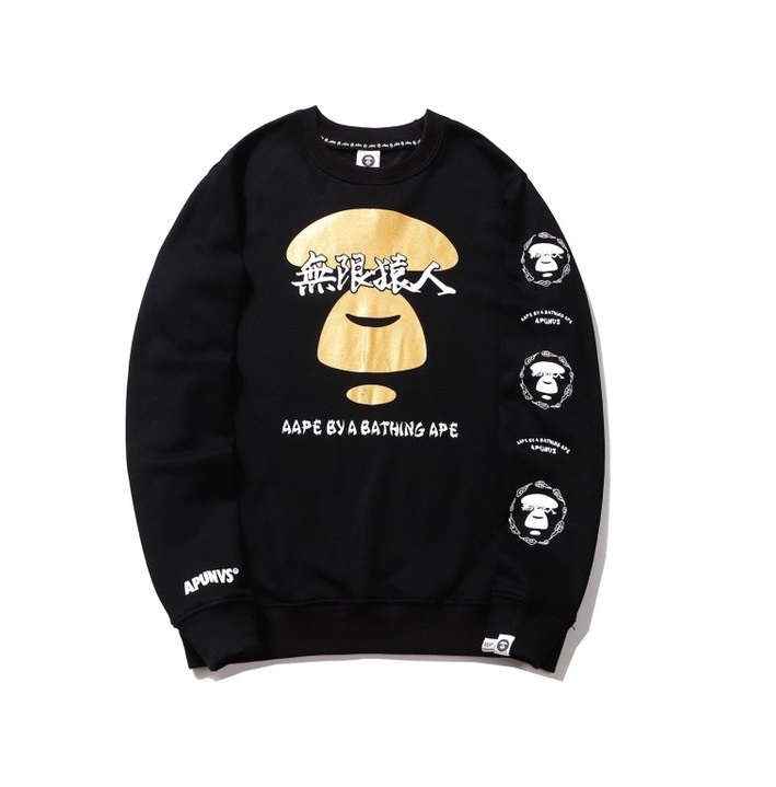 

20ss Aape high quality fashion designers clothing golden ape Chinese letters printing crew neck terry sweater for men and women, Black