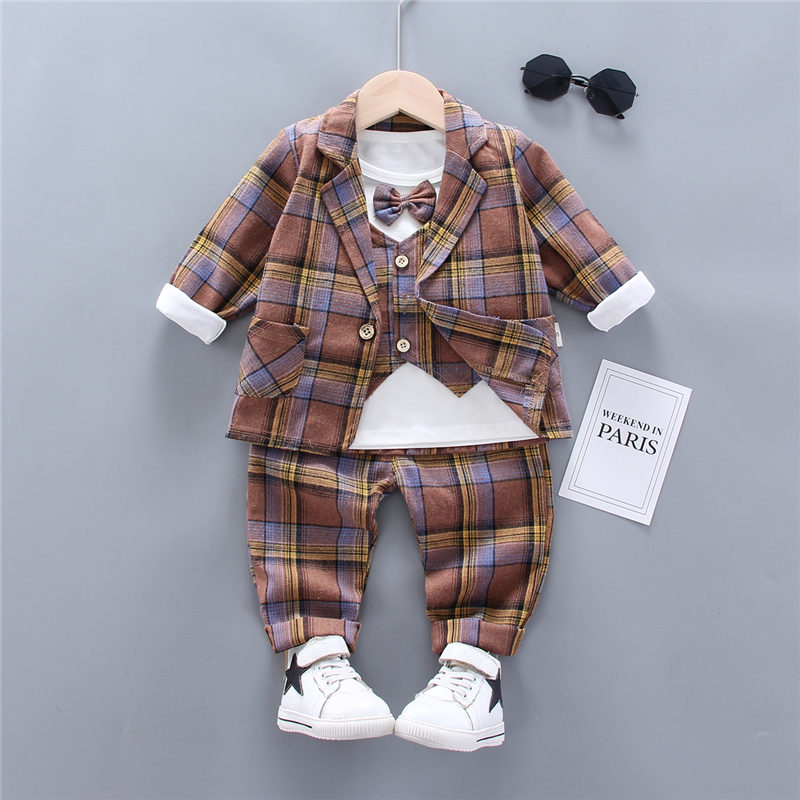 

2020 New Spring Children Kids Formal suits set Cotton Gentleman Casual Boys suits T-Shirt Pants 3pcs/sets Infant Suit Clothes, Yt s gezi4 brown