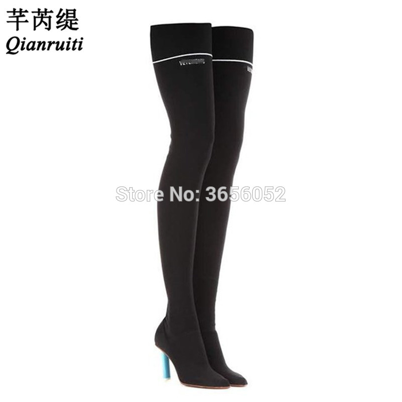 

Qianruiti Sexy Fetish Shoes Woman Stiletto Botas Black Stretch Thigh High Boots Cigarette Lighter Heel Over The Knee Sock Boots