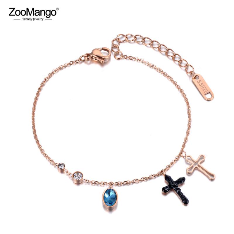 

ZooMango Stainless Steel CZ Crystal Cross Charm Bracelets Bangle For Women Girls Bohemia Beach Chain Bracelet Jewelry ZB19023