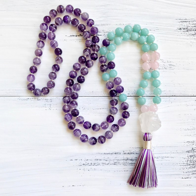 

Boho Amethysts Amazonite Mala Beads Neacklace 108 Knotted Tassel Necklace Raw Q-uartz Yoga Meditation Beads Spiritual Jewelry